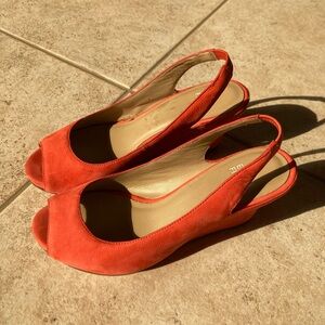 Coral Slingback Peep-Toe Wedges